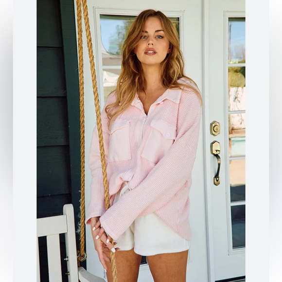 BUCKETLIST Sweaters - BUCKETLIST Waffle Knit Baby Pink Women's Shacket Acid Wash Oversized